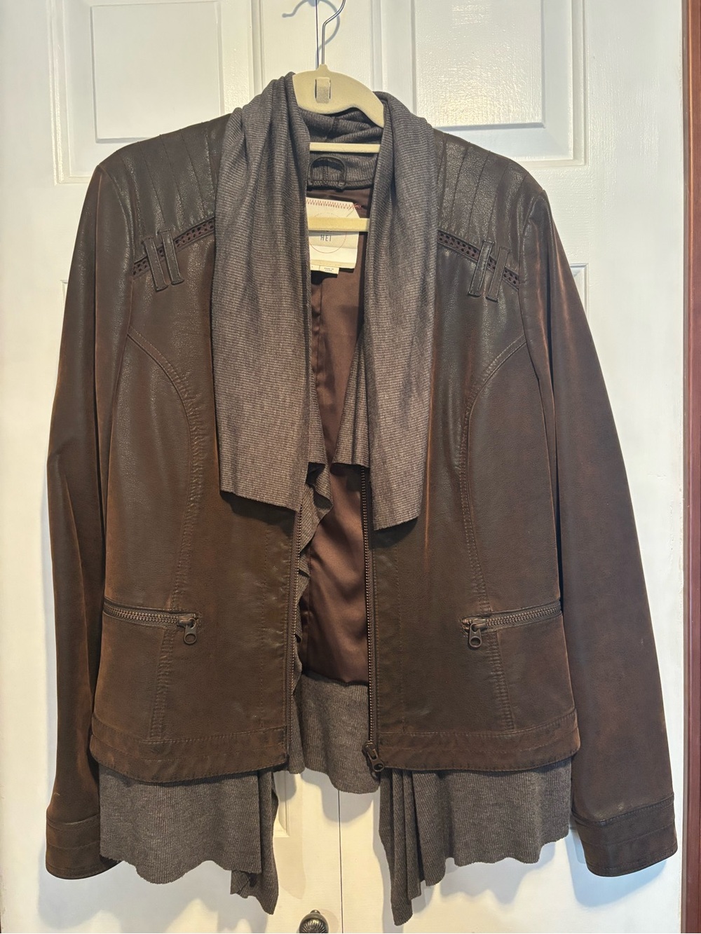 Anthropologie Women's Brown Mixed-Media Faux Leather Jacket with Cascade Trim
